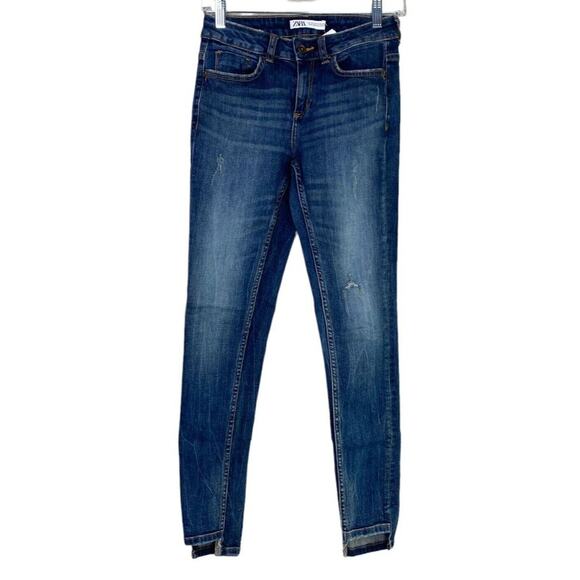 ZARA High Rise Semi Distressed Skinny Jean Pockets Stretch 2 Dark Wash #4034 - Picture 1 of 15